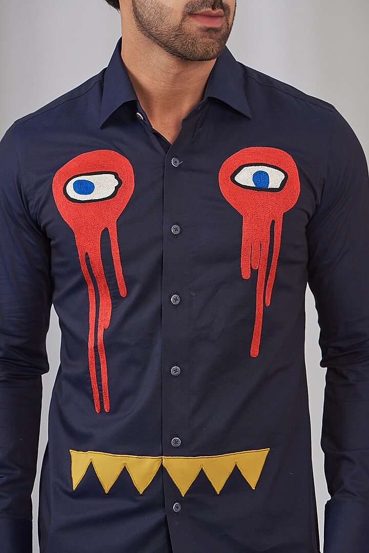 Navy Blue Cotton Embroidered Party Wear Shirt by OMANA at Pernia's Pop Up Shop