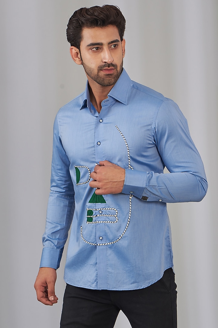 Sky Blue Cotton Embroidered Shirt by OMANA