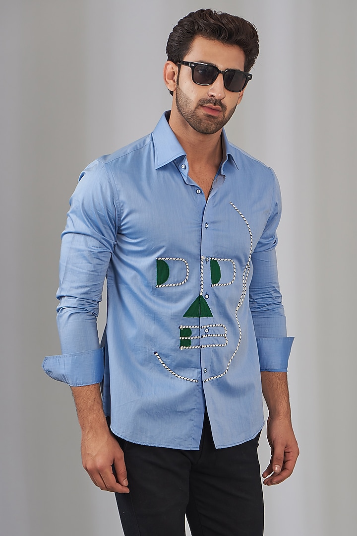 Sky Blue Cotton Embroidered Party Wear Shirt by OMANA at Pernia's Pop Up Shop