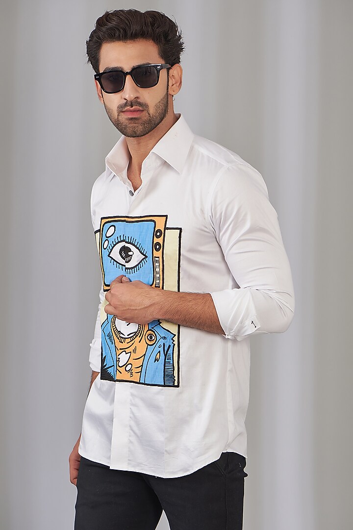 White Cotton Embroidered Party Wear Shirt by OMANA at Pernia's Pop Up Shop