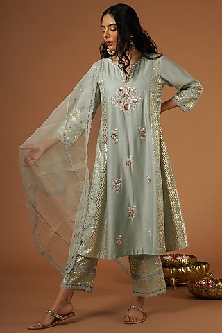 Powder Blue Silk Chanderi Embroidered Kurta Set by OMI