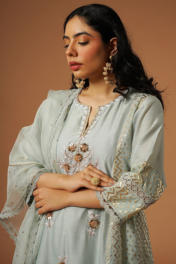 Powder Blue Silk Chanderi Embroidered Kurta Set by OMI at Pernia's Pop Up Shop