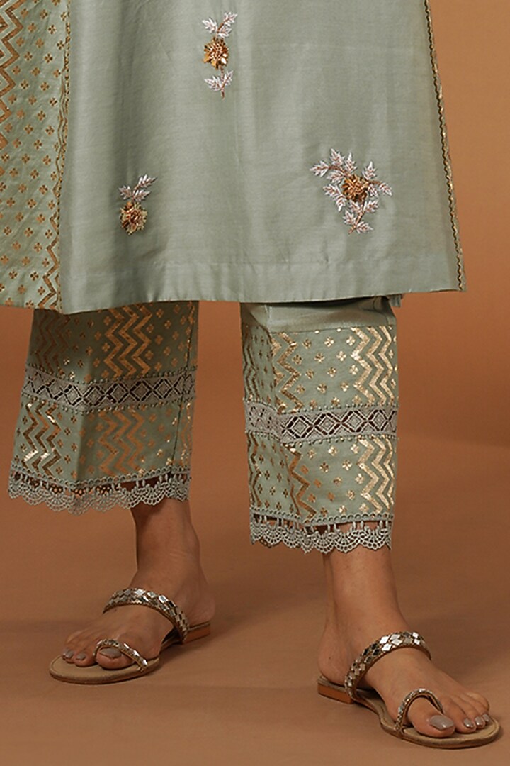 Powder Blue Silk Chanderi Embroidered Kurta Set by OMI at Pernia's Pop Up Shop