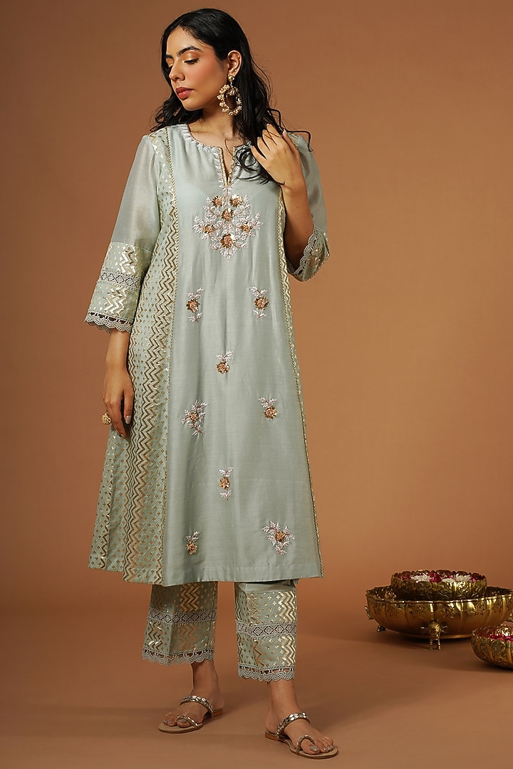 Powder Blue Silk Chanderi Embroidered Kurta Set by OMI at Pernia's Pop Up Shop