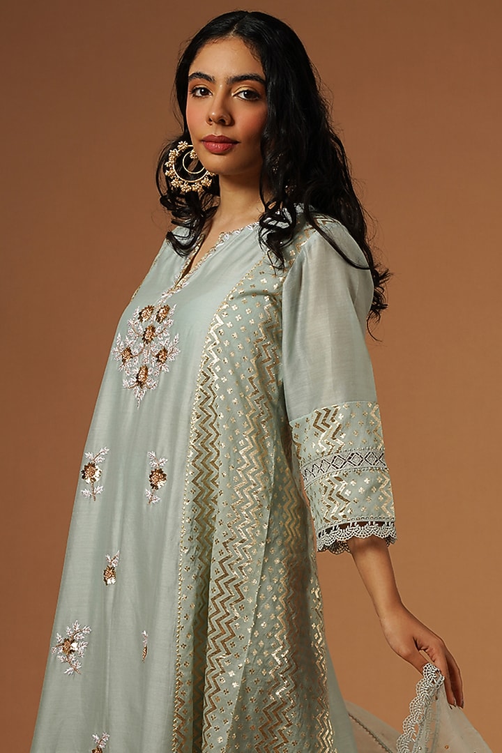 Powder Blue Silk Chanderi Embroidered Kurta Set by OMI at Pernia's Pop Up Shop