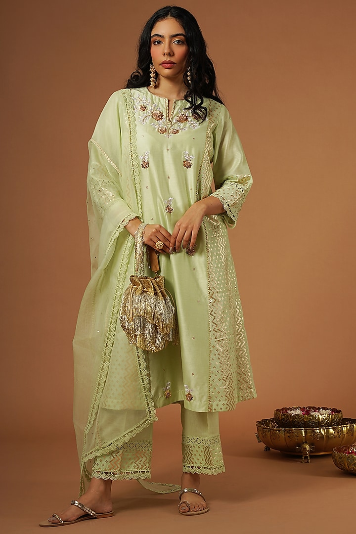 Tea Green Silk Chanderi Embroidered Kurta Set by OMI