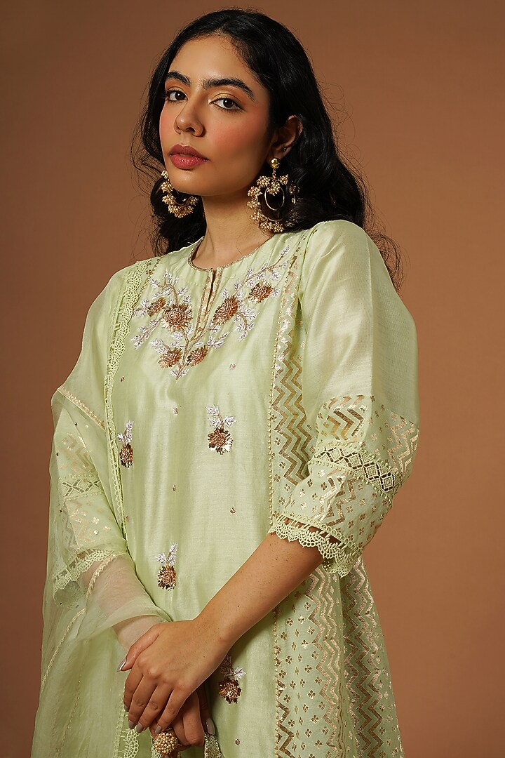 Tea Green Silk Chanderi Embroidered Kurta Set by OMI at Pernia's Pop Up Shop