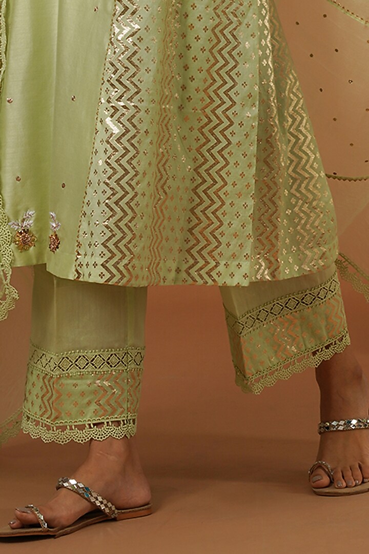 Tea Green Silk Chanderi Embroidered Kurta Set by OMI at Pernia's Pop Up Shop