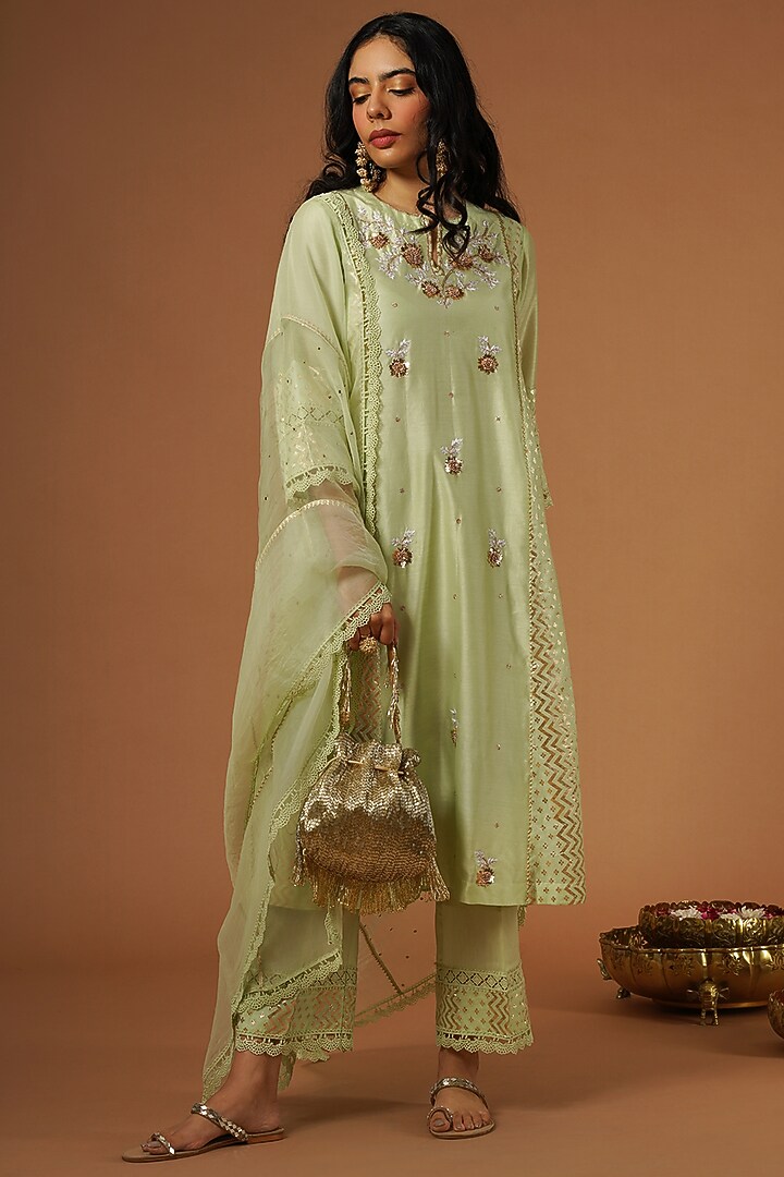 Tea Green Silk Chanderi Embroidered Kurta Set by OMI at Pernia's Pop Up Shop