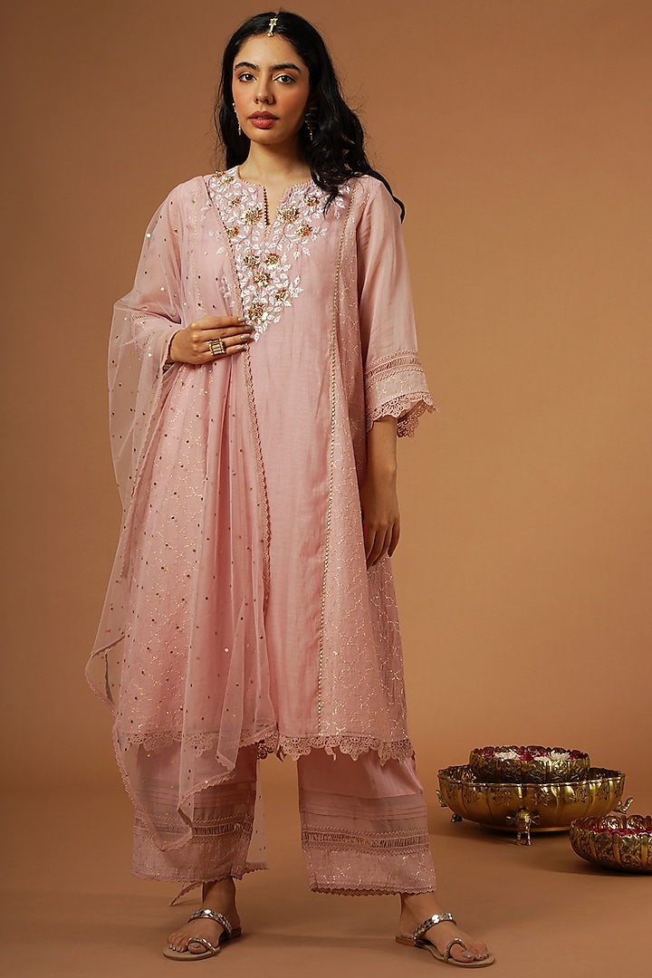 Blush Pink Silk Chanderi Embroidered Kurta Set by OMI