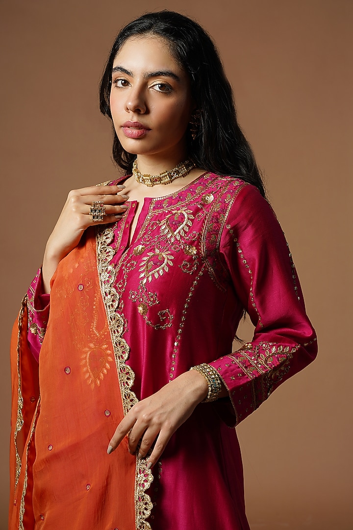 Magenta Silk Chanderi Embroidered Kurta Set by OMI at Pernia's Pop Up Shop