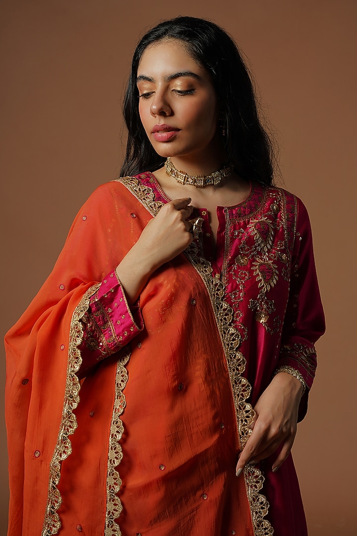 Magenta Silk Chanderi Embroidered Kurta Set by OMI at Pernia's Pop Up Shop