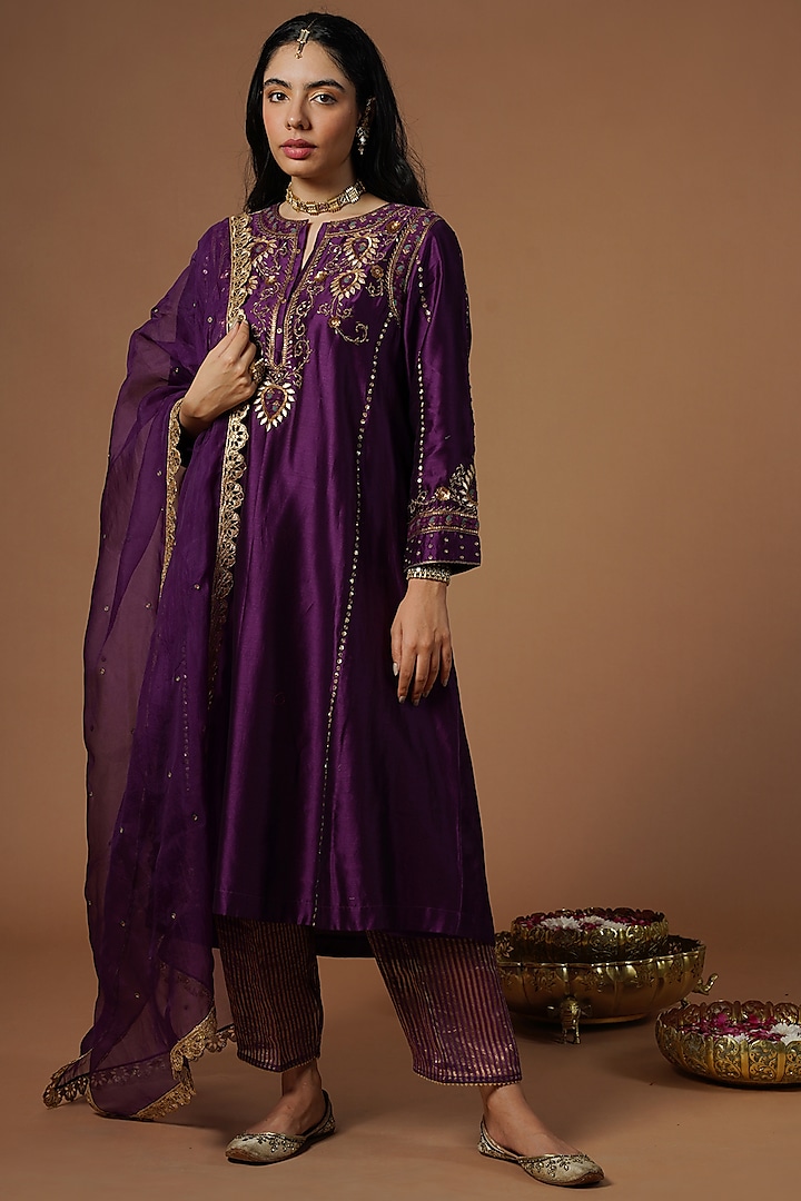 Purple Silk Chanderi Embroidered Kurta Set by OMI