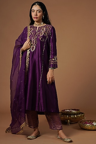 Purple Silk Chanderi Embroidered Kurta Set by OMI