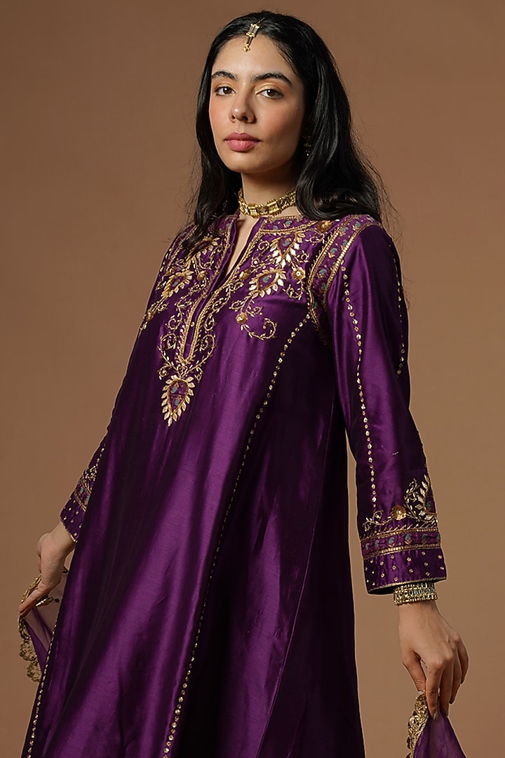 Purple Silk Chanderi Embroidered Kurta Set by OMI at Pernia's Pop Up Shop