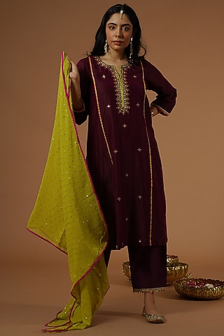 Wine Silk Chanderi Embroidered Kurta Set by OMI