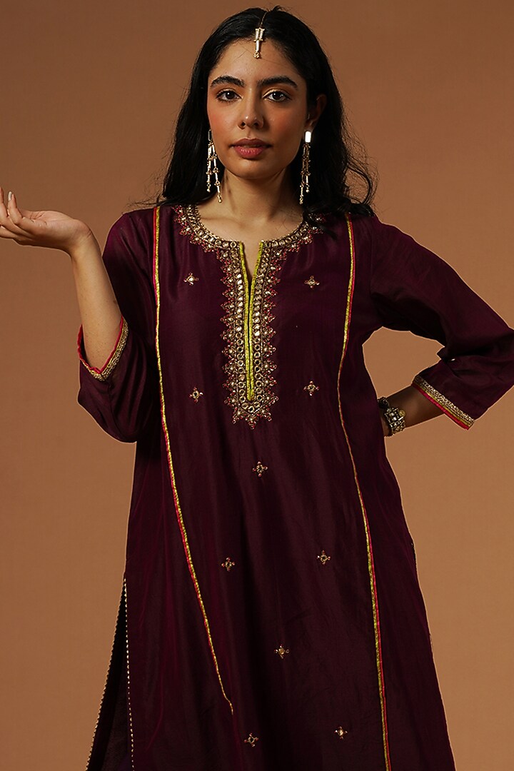 Wine Silk Chanderi Embroidered Kurta Set by OMI at Pernia's Pop Up Shop