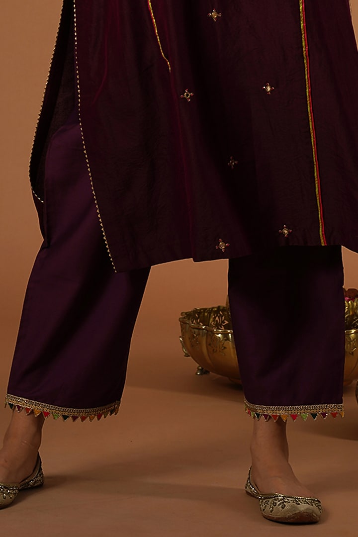Wine Silk Chanderi Embroidered Kurta Set by OMI at Pernia's Pop Up Shop