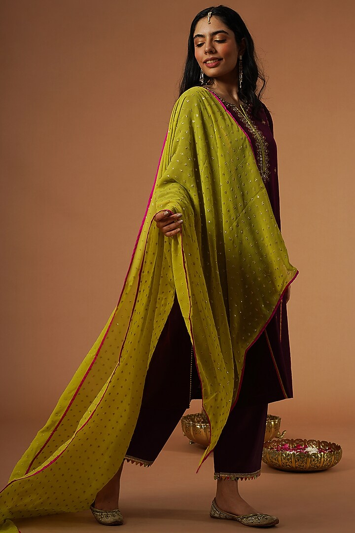 Wine Silk Chanderi Embroidered Kurta Set by OMI at Pernia's Pop Up Shop