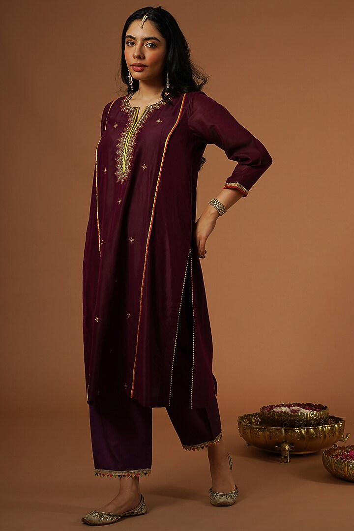Wine Silk Chanderi Embroidered Kurta Set by OMI at Pernia's Pop Up Shop