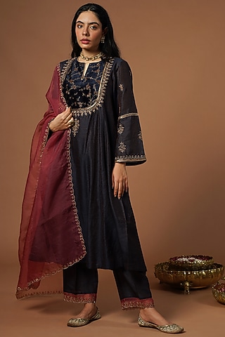 Navy Blue Silk Viscose Embroidered Kurta Set by OMI