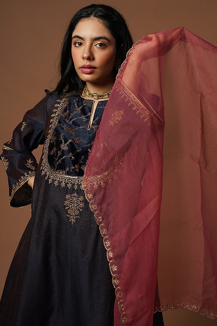 Navy Blue Silk Viscose Embroidered Kurta Set by OMI at Pernia's Pop Up Shop