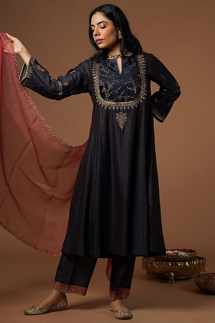 Navy Blue Silk Viscose Embroidered Kurta Set by OMI at Pernia's Pop Up Shop