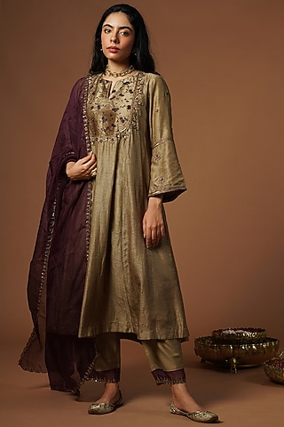Beige Silk Viscose Embroidered Kurta Set by OMI
