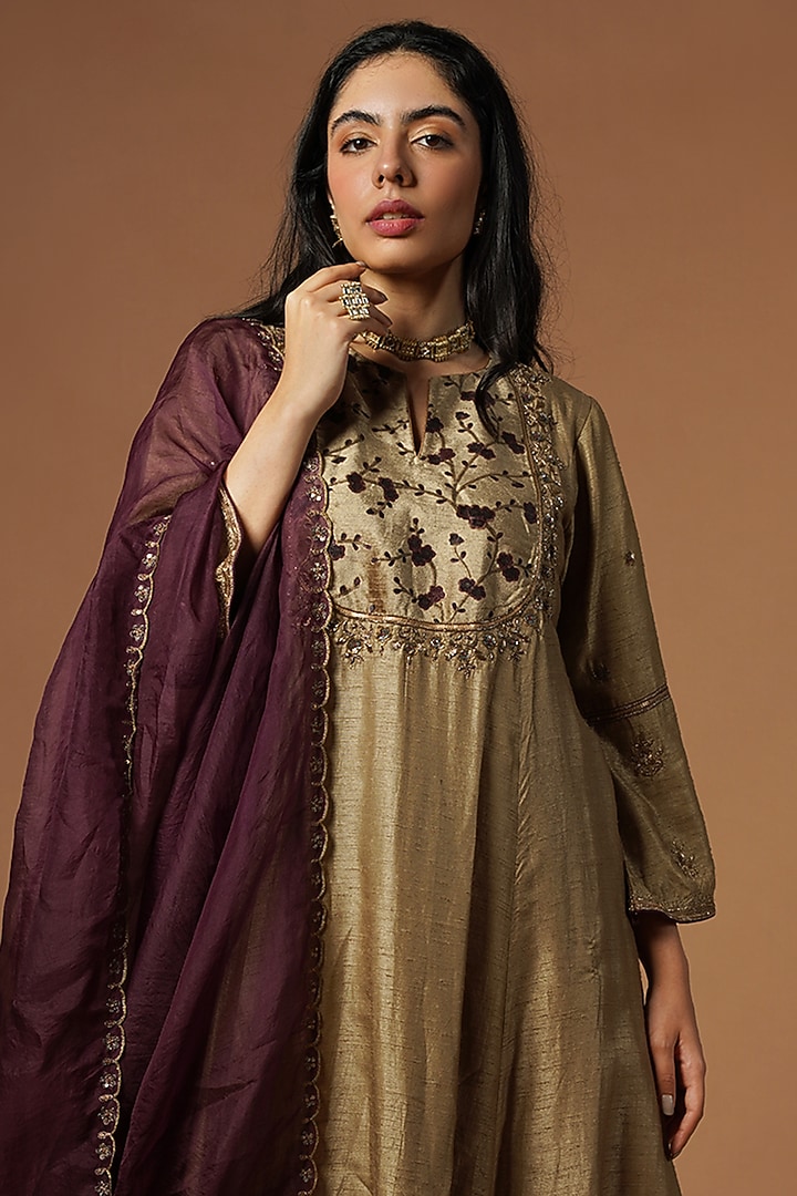 Beige Silk Viscose Embroidered Kurta Set by OMI at Pernia's Pop Up Shop