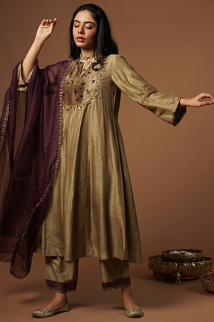 Beige Silk Viscose Embroidered Kurta Set by OMI at Pernia's Pop Up Shop