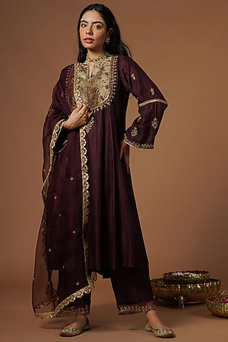Wine Silk Viscose Embroidered Kurta Set by OMI