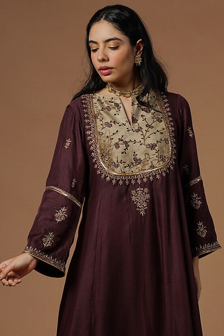 Wine Silk Viscose Embroidered Kurta Set by OMI at Pernia's Pop Up Shop