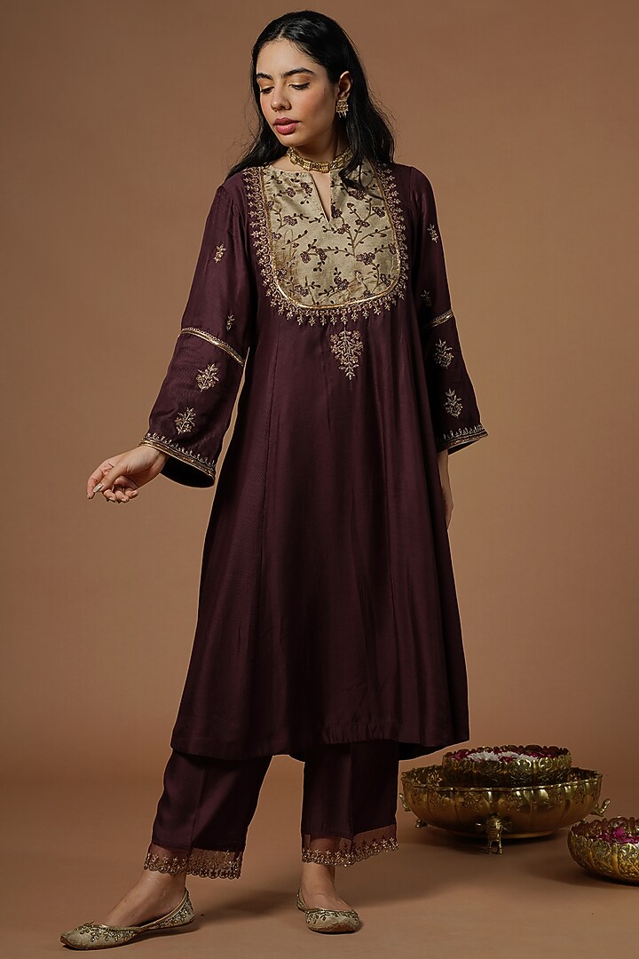 Wine Silk Viscose Embroidered Kurta Set by OMI at Pernia's Pop Up Shop
