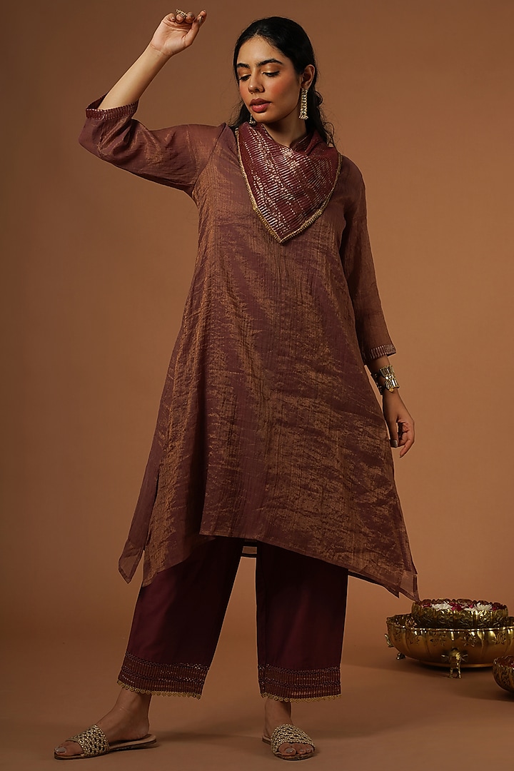 Maroon Tissue Chanderi Tunic Set by OMI