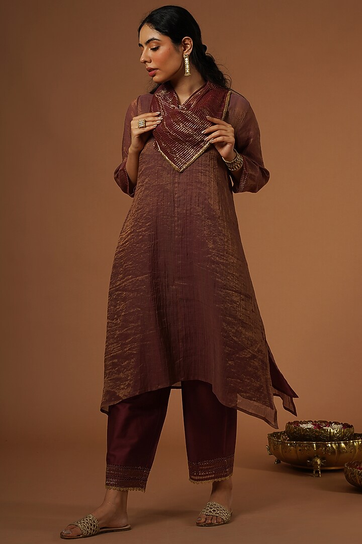 Maroon Tissue Chanderi Tunic Set by OMI at Pernia's Pop Up Shop