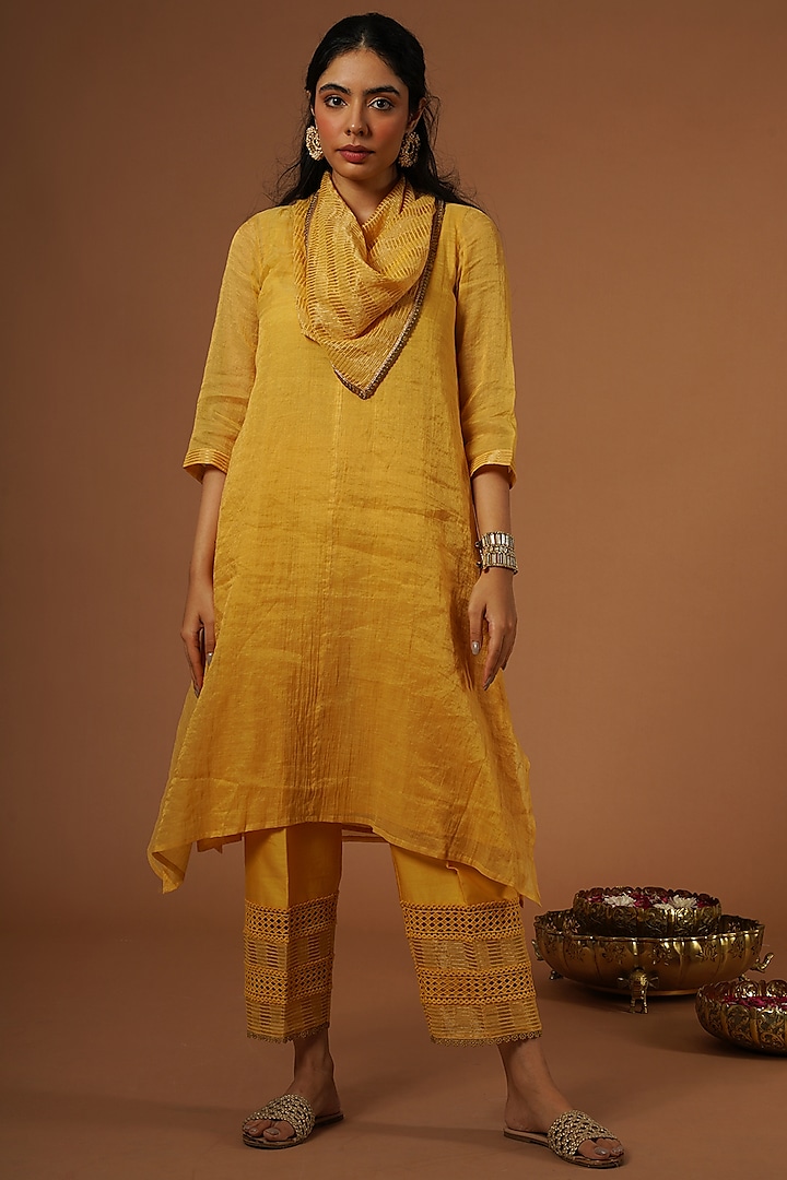 Yellow Tissue Chanderi Tunic Set by OMI