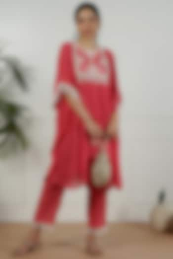 Bright Coral Crinkle Bemberg Embroidered Kurta Set by OMI at Pernia's Pop Up Shop