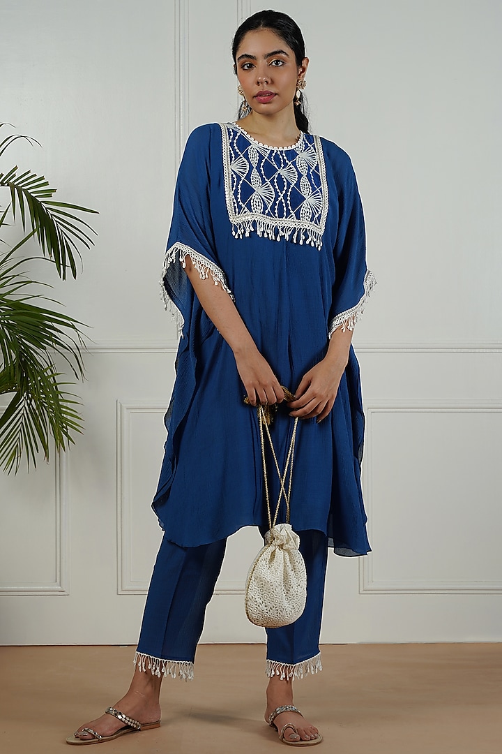 Ink Blue Crinkle Bemberg Embroidered Kurta Set by OMI at Pernia's Pop Up Shop