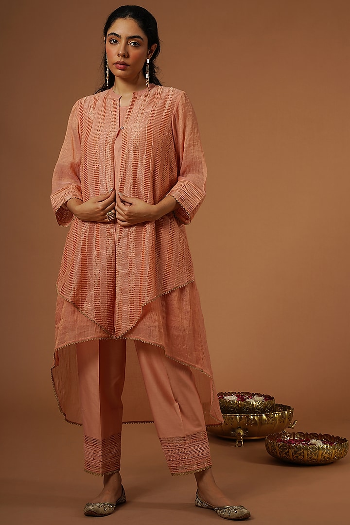 Peach Tissue Chanderi Jacket Set by OMI