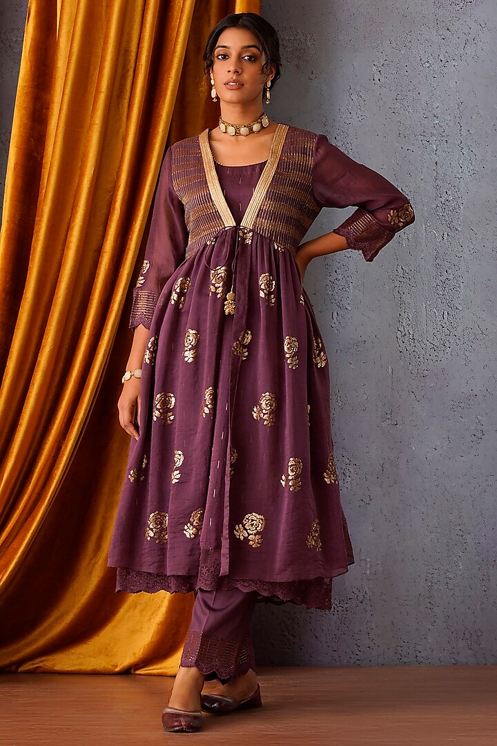 Wine Chanderi Sequins & Patch Embroidered Jacket Set by OMI