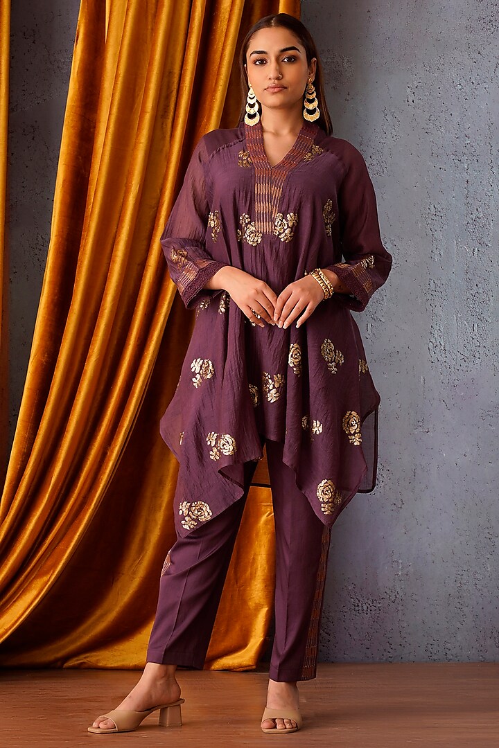 Wine Chanderi Sequins Embroidered Asymmetric Tunic Set by OMI