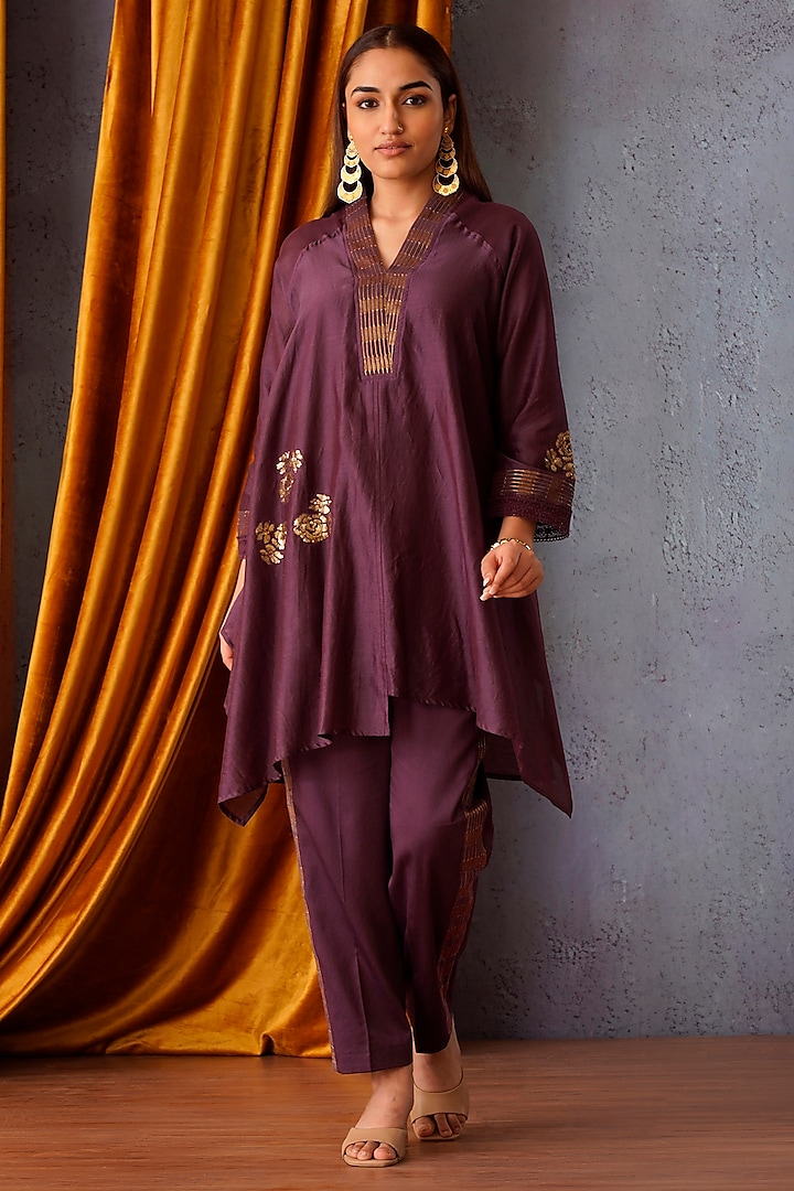 Wine Chanderi Sequins Embroidered Asymmetric Tunic Set by OMI