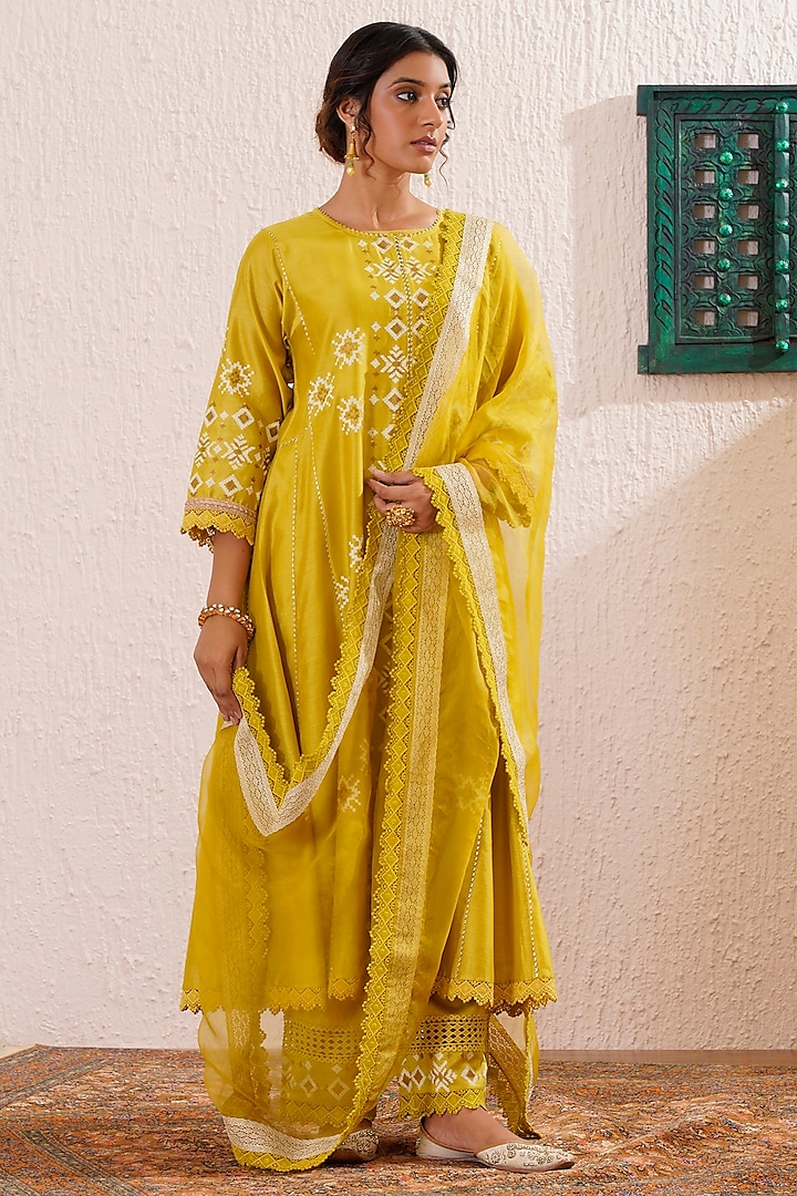 Lime Green Chanderi Block Printed Flared Kalidar Anarkali Set by OMI at Pernia's Pop Up Shop