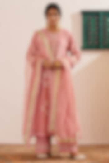 Pink Chanderi Block Printed Flared Kalidar Anarkali Set by OMI