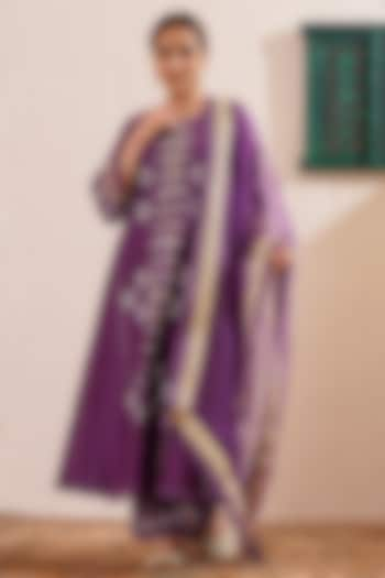 Purple Chanderi Block Printed Flared Kalidar Anarkali Set by OMI at Pernia's Pop Up Shop