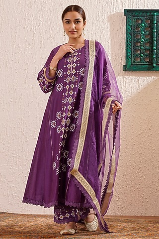 Purple Chanderi Block Printed Flared Kalidar Anarkali Set by OMI
