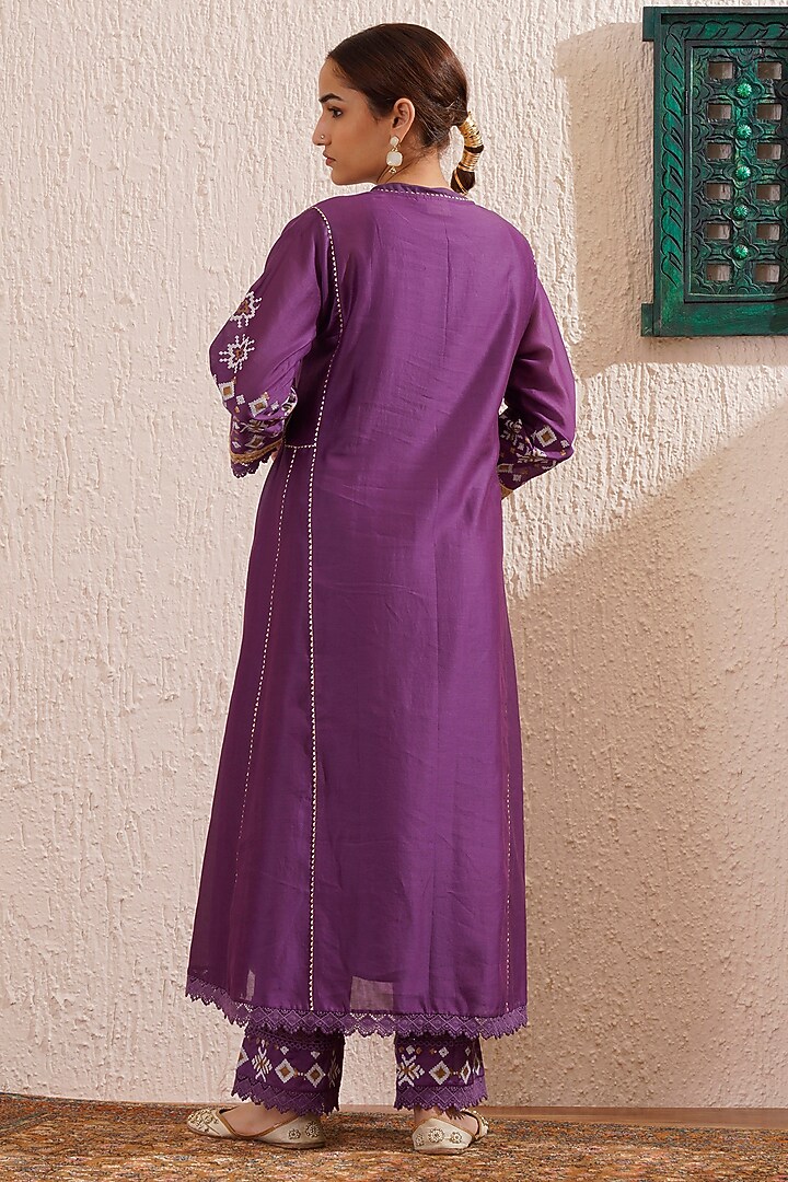 Purple Chanderi Block Printed Flared Kalidar Party Wear Anarkali Set by OMI at Pernia's Pop Up Shop