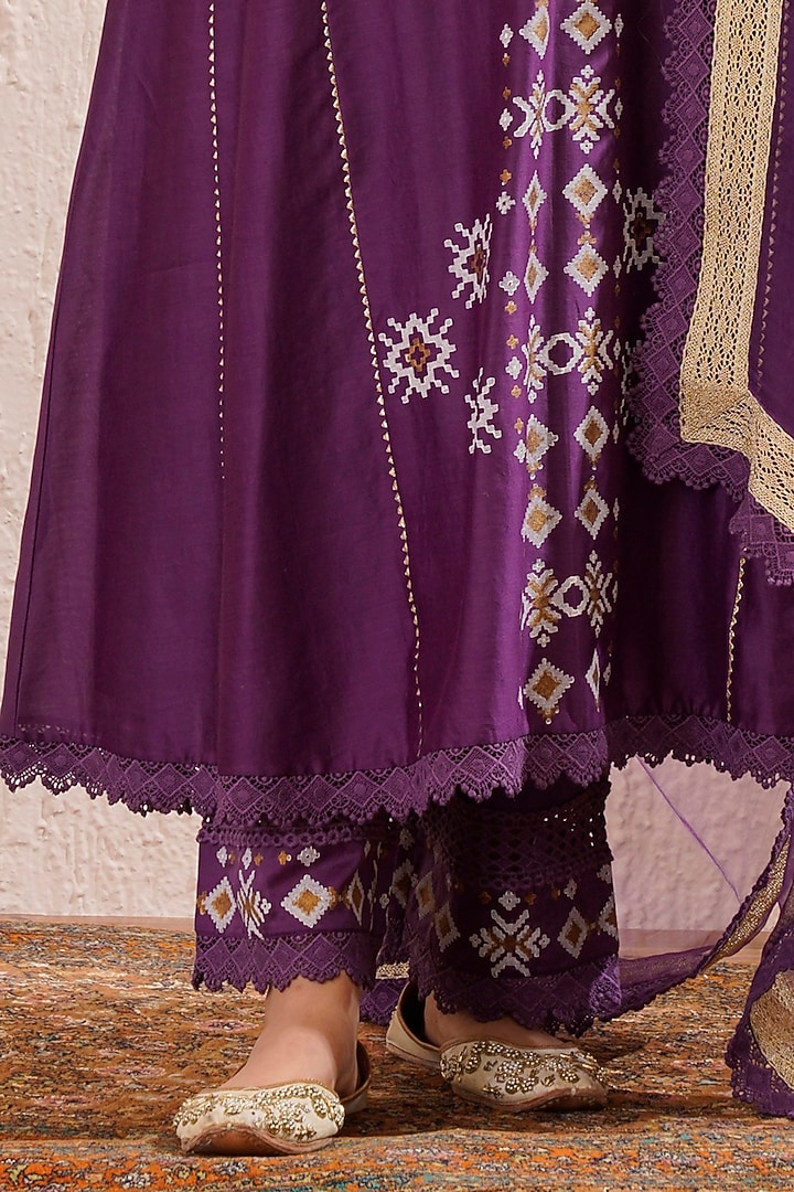 Purple Chanderi Block Printed Flared Kalidar Party Wear Anarkali Set by OMI at Pernia's Pop Up Shop