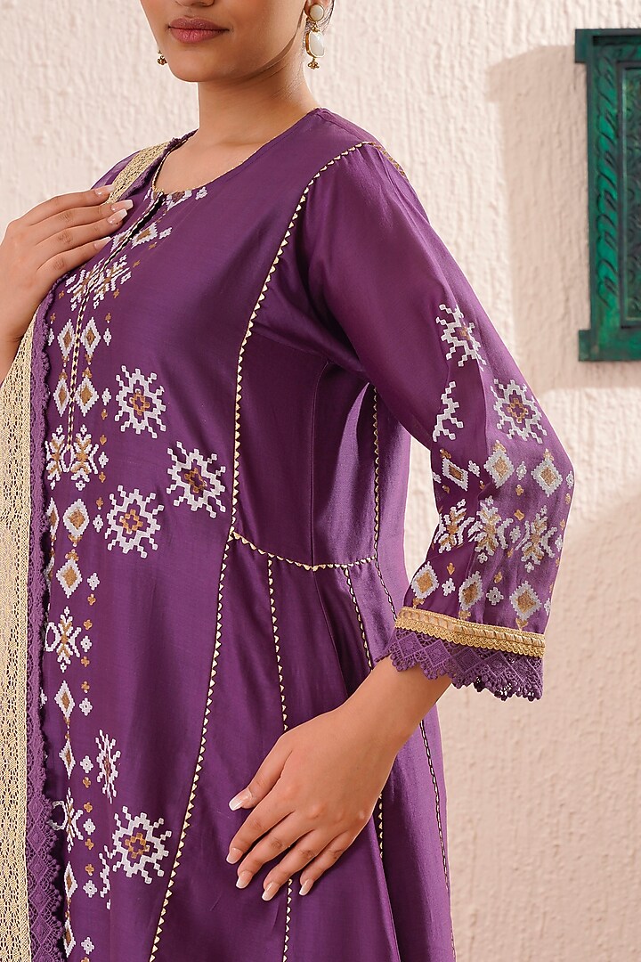 Purple Chanderi Block Printed Flared Kalidar Party Wear Anarkali Set by OMI at Pernia's Pop Up Shop