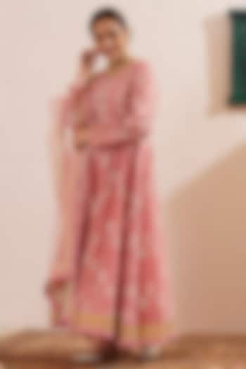 Pink Chanderi Block Printed & Gota Striped Paneled Kalidar Anarkali Set by OMI